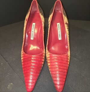 Manolo Blahnik Red and Tan Heels